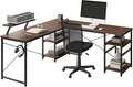 Techni Mobili Office Desk - Reversible L Shaped Desk with Storage Shelves Monitor Stand &amp Accessory Holder - Ergonomic &amp Industrial Workstation Corner Table with Durable Steel Frame Walnut