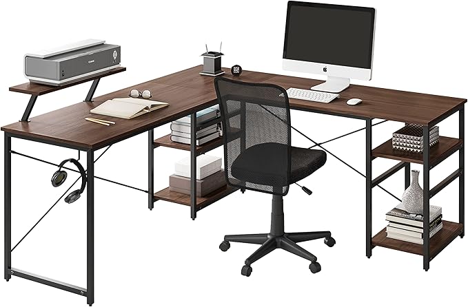 Techni Mobili Office Desk - Reversible L Shaped Desk with Storage Shelves Monitor Stand &amp Accessory Holder - Ergonomic &amp Industrial Workstation Corner Table with Durable Steel Frame Walnut
