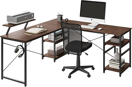 Techni Mobili Office Desk - Reversible L Shaped Desk with Storage Shelves Monitor Stand &amp Accessory Holder - Ergonomic &amp Industrial Workstation Corner Table with Durable Steel Frame Walnut