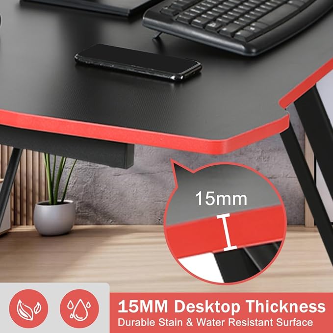 47 Inch Modern Gaming Desk for Home Office Z Shaped Computer Desk for Teen Large PC Gaming Table Adjustable Feet with Headphone Hook &amp PVC SurfaceRed