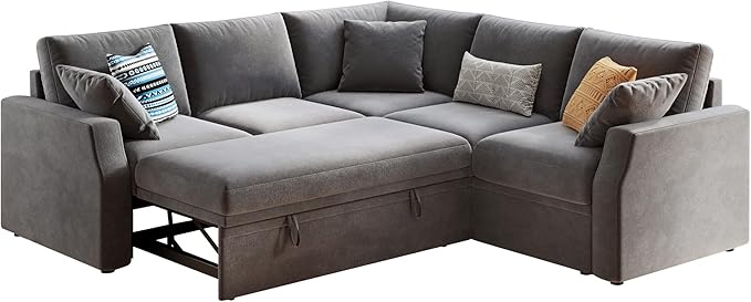 PaPaJet Sleeper Bed 85 Inch Oversized Sofa Bed with Storage Seat L Shaped Sofa Couch with Pull Out Bed Sectional Sofa for Living Room Apartment Linen Grey