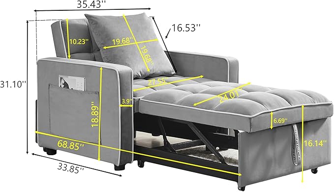 3-in-1 Futon Couch Sofa Bed Chair Convertible Sleeper Sofa with Pull-Out Bed Folding Sofa Bed with Reclining Backrest and Side Pocket Sofa Recliner Single Bed Adult Modern Chair Bed Berth (Grey)