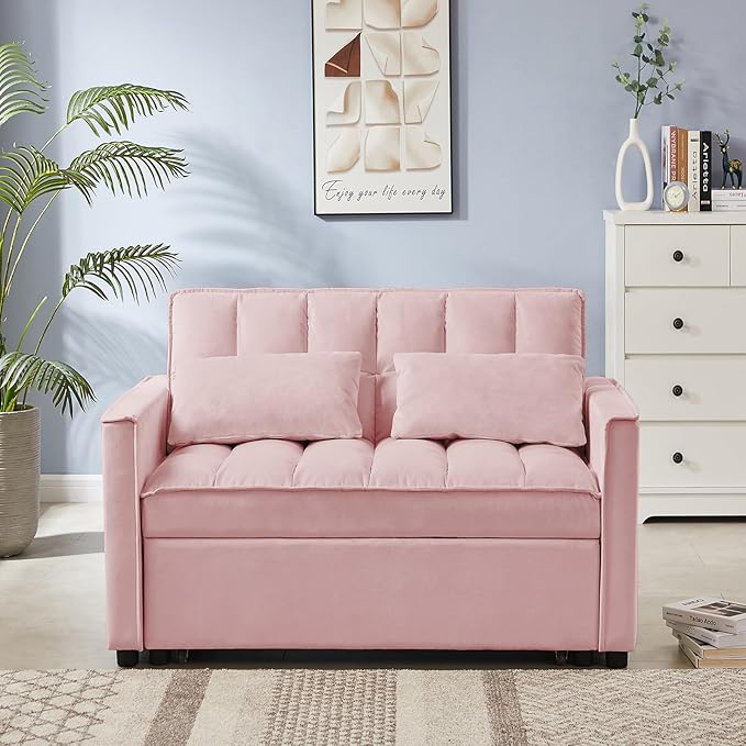 3 in 1 Convertible Sleeper Sofa Couch with Pull Out Bed55 Velvet Upholstered Futon Sofa BedModern Loveseat Sleeper Chaise with Adjustable Backrest for Living Room Guest Room Apartment(Pink)