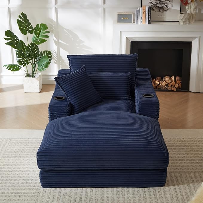 67.7 Oversized Chaise Lounge Chair Indoor Modern Corduroy Single Sleeper Couch Chair with 3 Soft Pillows＆Cup Holder Boneless Cloud Couch Single Seat Sofa for Living Room Bedroom (Blue)