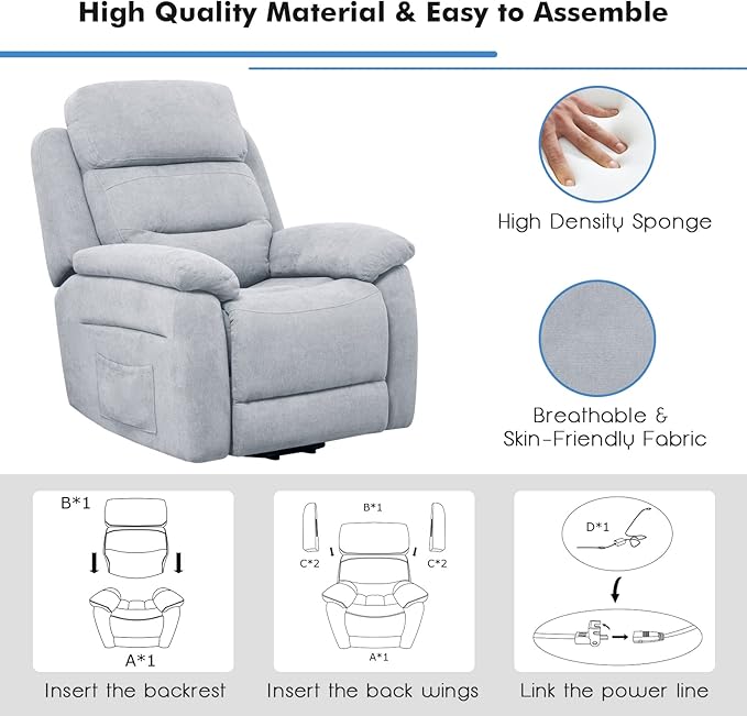 Giantex Power Lift Recliner Chairs for Elderly Fabric Electric Recliner Chair w/Side Pocket &amp Remote Control Living Room Reclining Chair for Seniors Home Theater Bedroom (Grey)