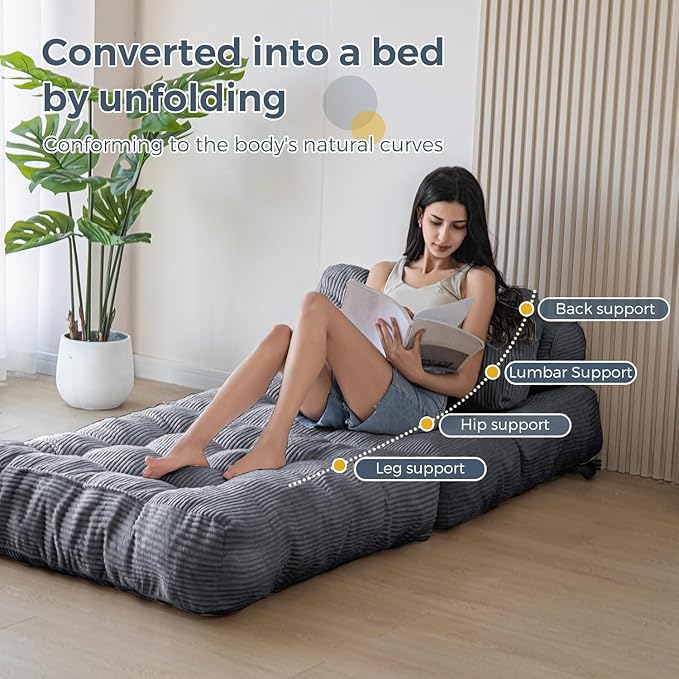 Folding Sofa Bed - Convertible Sleeper Chair with Pillow &amp Back Support Comfy Foldable Mattress Portable Futon Fold Out Chair Bed for Living Room/Bedroom/Apartment (Grey)