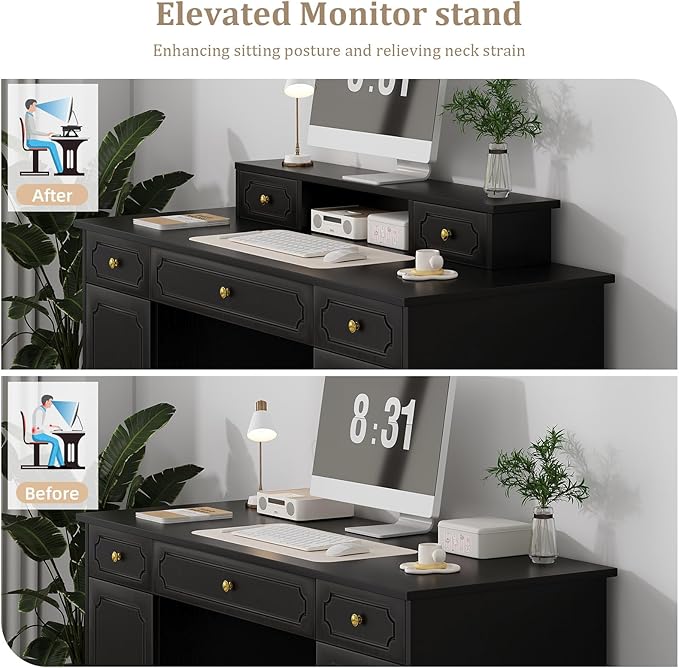 Catrimown Black Desk with 7 Drawers 54 Inch Computer Desk with Cabinet for Work Writing Study Vanity Desk with Golden Handle for Girls Bedroom
