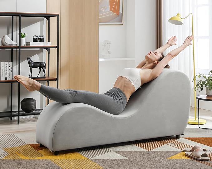 Mjkone 60.6 W Yoga Sofa Chaise Lounge Chair for Adults Office Yoga Stretching Curved Velvet Yogas Chaise Couch Indoor for Living Room Relaxing Lounges Chair for Apartment Exercising Light Grey