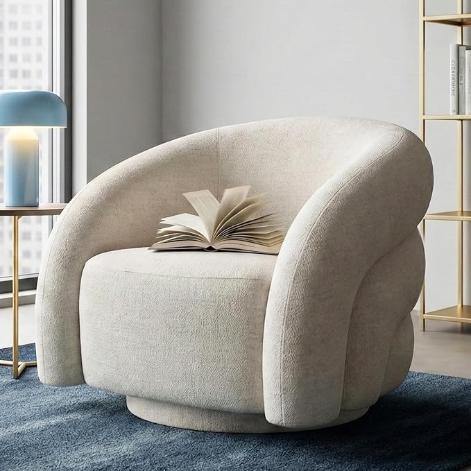 Swivel Barrel Accent Chair Wool Fleece Upholstered Armchair Round Modern Armchair 360° Swivel No Assembly Required Comfy Reading Sofa Seat for Living Room Bedroom and Apartment Cream White.