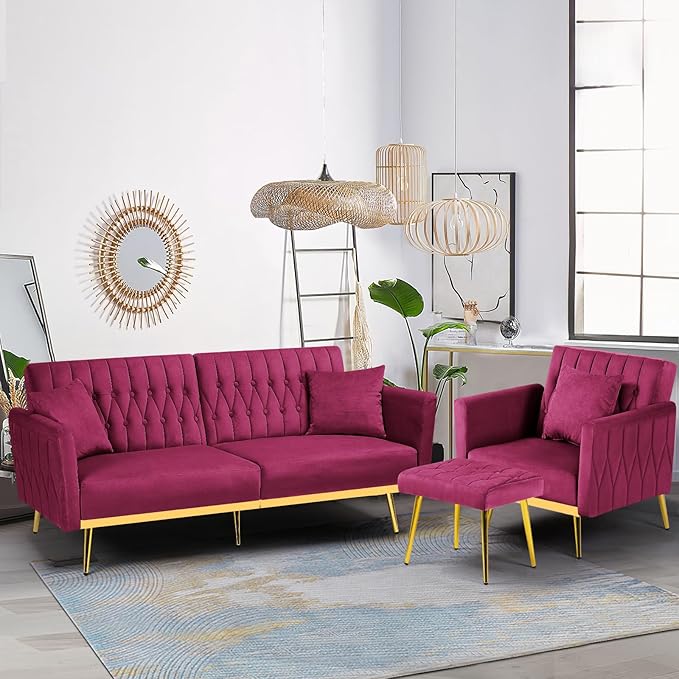 2 Pieces Velvet Futon Sofa Set with Adjustable Backrests and Armrests 70” Convertible Sofa Bed &amp Tufted Accent Chair with Ottoman for Living Room Fuchsia