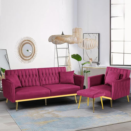 2 Pieces Velvet Futon Sofa Set with Adjustable Backrests and Armrests 70” Convertible Sofa Bed &amp Tufted Accent Chair with Ottoman for Living Room Fuchsia