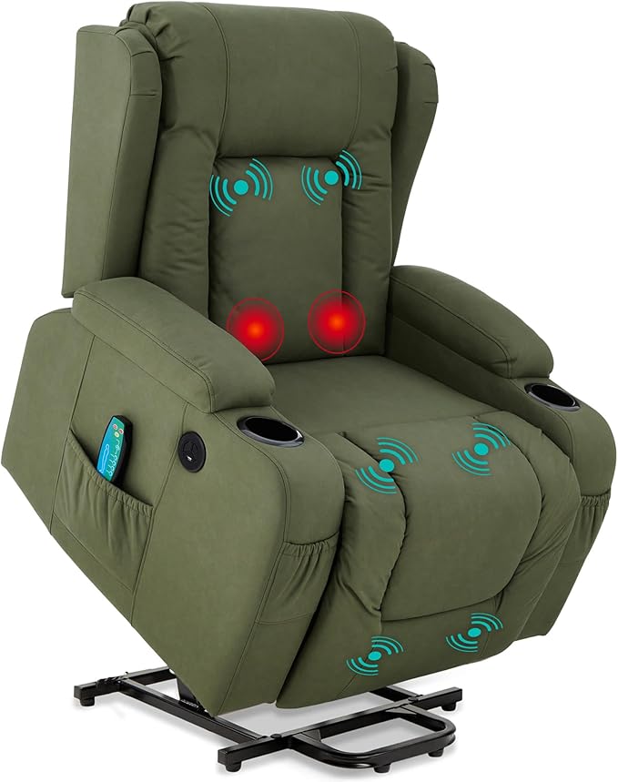 Best Choice Products PU Leather Electric Power Lift Chair Recliner Massage Chair Adjustable Furniture for Back Legs w/ 3 Positions USB Port Heat Cupholders Easy-to-Reach Side Button - Olive
