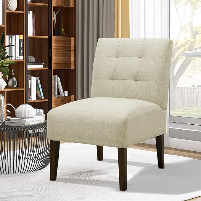 Slipper Accent Chair Modern Armless Lounge Chair with Wood Legs Upholstered Makeup Vanity Tufted Side Chair Fabric Comfy with Decor Back for Living Room Bedroom Patio (Pin Back Beige)