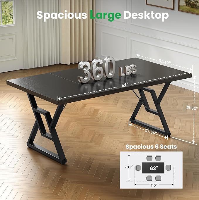 63 Large Executive Desk - Computer Office Desk Workstation Modern Business Writing Table with Sturdy Metal Legs for Home Office (Black/Black)