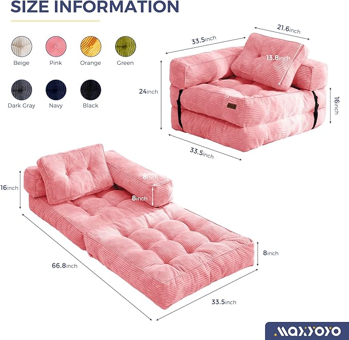 MAXYOYO Folding Sofa Bed L-Shaped Convertible Sofa with Armrest Foldable Sleeper with Pillow Portable Fold Out Chair Bed Comfy Floor Lounge for Living Room Bedroom Pink