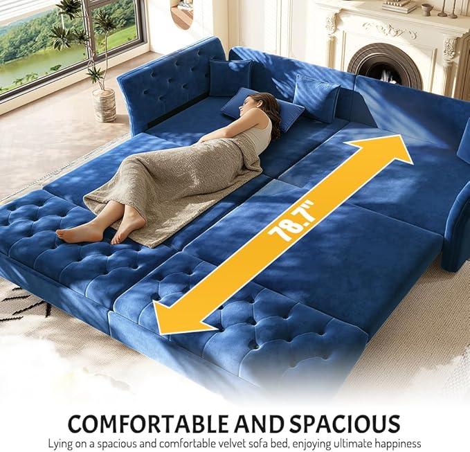 100 King Size Sleeper Sofa Bed Velvet 3-in-1 Convertible Pull Out Couch with Handmade Flower Tufted Curved Arms Oversized Deep Seat Sofa Couch for Living Room Apartment Blue | Breathable material