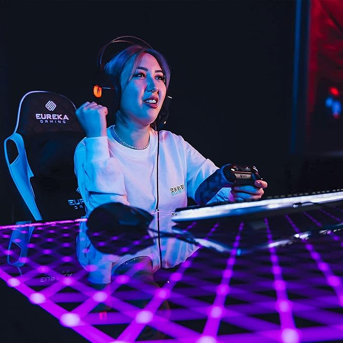 EUREKA ERGONOMIC RGB LED Gaming Desk Music Sync Lights Up Tempered Glass Desktop 43 GTG I43 Home Office Computer Table W Controller Rack 4 USB Charging Ports APP Control