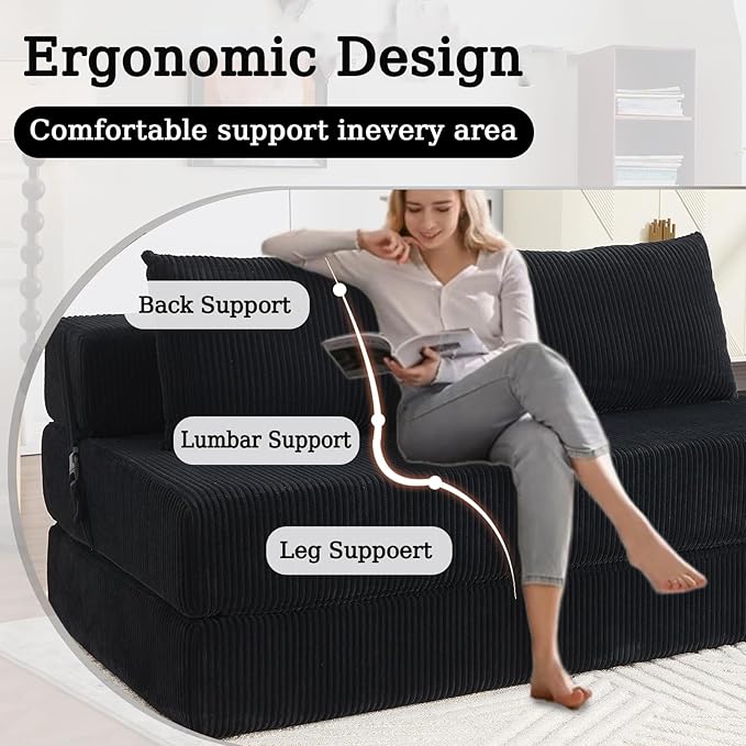 55 Convertible Folding Sofa Bed with 2 Pillows Corduroy Foldable Sleeper Sofa for Adult Floor Couch Bed for Living Room Bedroom No Assembly (Black)