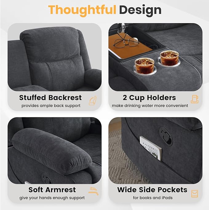 Loveseat Recliner Sofa with Massage &amp Heating Reclining Loveseat with Console RV Wall Hugger Double Loveseat Recliner Couch for Living Room &amp Home Theater (Chenille-Grey)