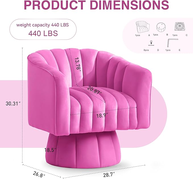 YSICK Swivel Accent Chair 360°Swivel Barrel Chair Modern Ottoman with Velvet Fabric Mid-Century Ottoman with Wide Upholstered Round Armchair for Living Room Lounge BedroomRosepink