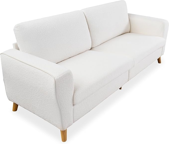 IDEALHOUSE 84 Inch Modern Sofa Couch Large 3-Seater Sofa with Streamlined Armrests Boucle Loveseat Wood Feet Comfy Couch for Living Room Apartment Lounge White