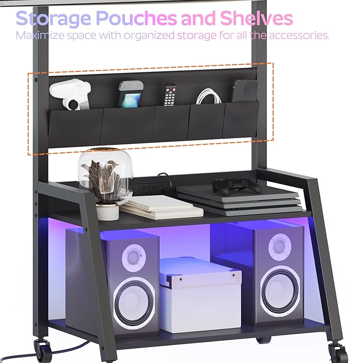 Rolling TV Stand with Power Outlet Mobile TV Stand with LED Light Up to 55 TVs TV Cart with Mount 5 Oxford Fabric Pouches for Living Room Meeting Room Black DS01UDBB