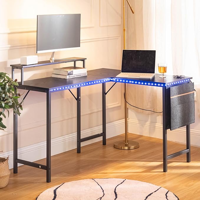 Homy Casa 48.8-Inch L-Shaped Computer Desk with Storage Bag and Desktop Rack – Durable Metal Frame Ample Storage Ideal for Home Office or Studio Use (Black)