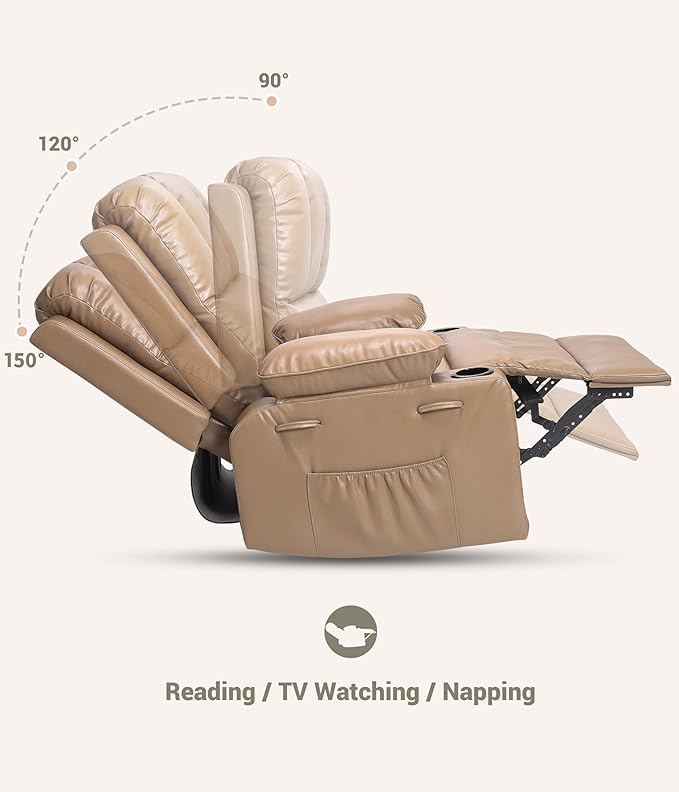 GarveeHome Oversized Recliner Chairs with Heat and Massage - 360° Swivel Lazy Recliner Chair for Adults- Manual Recliner Chair with Cup Holder for Living Rooms Bedrooms and Nurseries - Tan