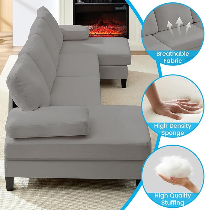 Mjkone 110 Width Sectional Couches with Chaises for Living Room U Shaped Cloud Sofa Couch with Ice Velvet Fabric Minimalist 4 Seater Sofa Set Living Room Sets Furniture for Home Office Light Grey