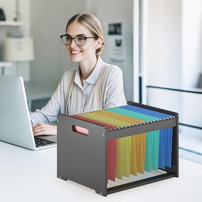 Hanging File Organizer Box for Letter Size 2 Pack Bamboo File Folder Organizer Storage Moving Boxes with Handle Wood Desk Filing Box for Office Banker Document
