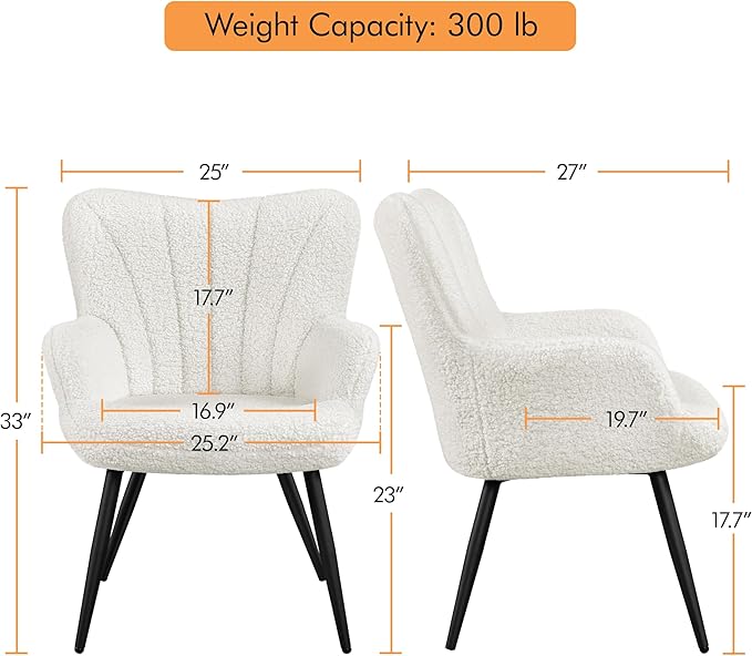 Topeakmart Modern Accent Chair Fluffy Sherpa Barrel Chair Boucle Armchair with Soft High Backrest and Metal Legs for Living Room Bedroom Office Ivory