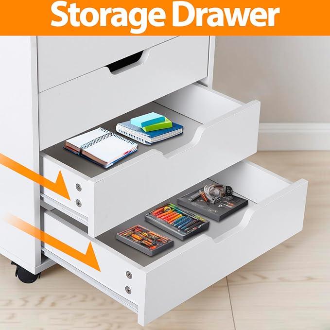 SUPER DEAL 5 Drawer File Cabinet for Home Office Wood Under Desk Filing Cabinet Mobile Printer Stand Rolling Storage Organizer with Lockable Casters for Apartment Small Spaces White