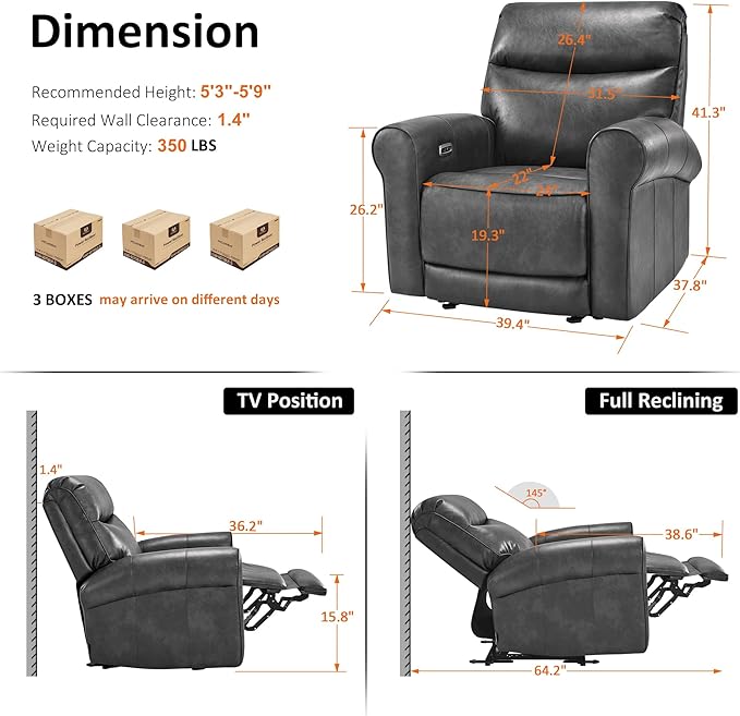 MCombo Power Wall Hugger Recliner Chair for Small Space RV Living Room USB &amp USB-C Charging Ports Modern Rolled Arm Recliner Faux Leather PR630 (Dark Grey Medium)