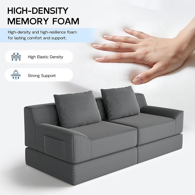 79 Convertible Sofa Bed Upholstered Boneless Couch Loveseat Sleeper with Pull Out Bed Corduroy Futon Couch Floor Folding Sofa Modular Futon Couch for Living Room Bedroom Lounge Grey