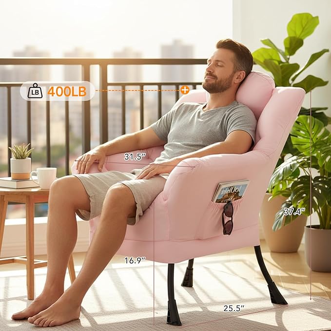 Lazy Chair for Living Room Large Pink Accent Chair with a Throw Pillow Leisure Sofa Chair Set Comfy Reading Chair for Bedroom Dorm Room Office