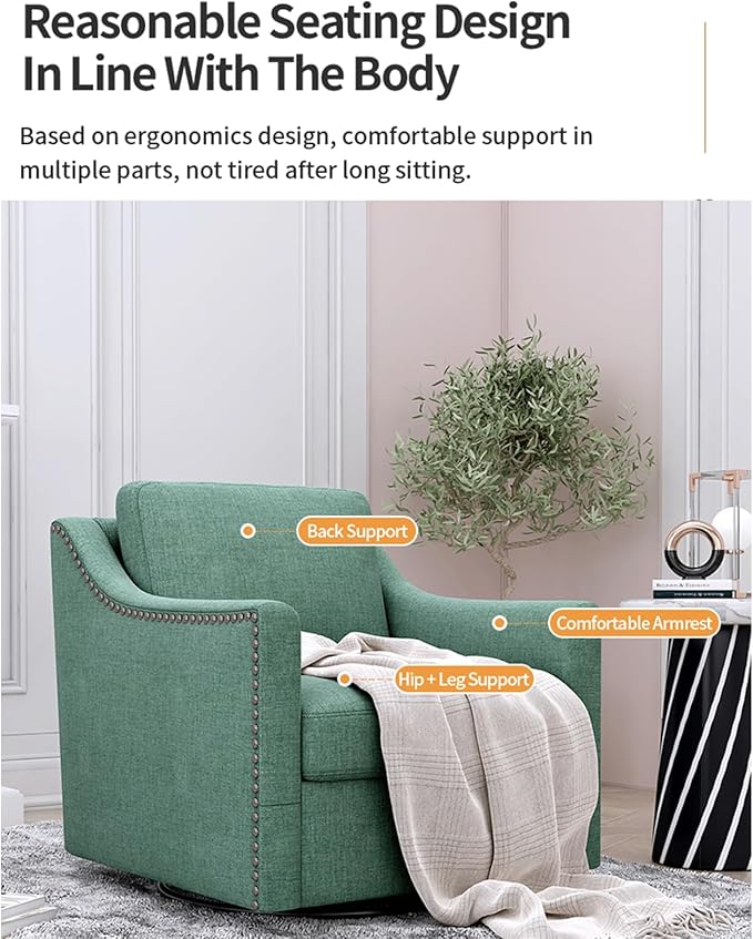 Linen Armchair360°Rotation ArmchairBrass Nail Decorative ArmchairUpholstered ArmchairModern Accent Chair for Small ApartmentLiving RoomOfficeReception AreaBlackish Green