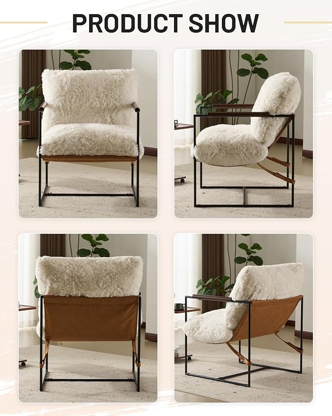 Karl home Modern Accent Chair Plush Fleece Upholstered Living Room Chair with Metal Frame Wooden Armrest Comfy Lounge Armchair for Living Room Bedroom Balcony Reading Room Creamy