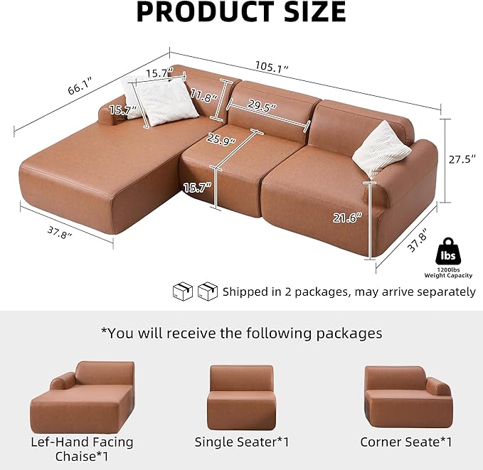 105” Modular Faux Leather Cloud Couch Deep Seat L-Shaped Sectional with Removable Wipe-Clean Covers and Replaceable Cover Design for Living Room (Orange 3 Seater+Left Facing Chaise)
