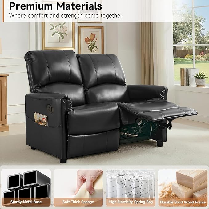 Manual Reclining Loveseat Sofa 2-Seater Recliner Couch with Overstuffed Backrest PU Leather Upholstered Double Recliner for Living Room RV Small Spaces Black