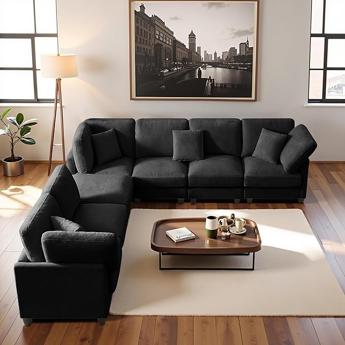117 Modular Sectional Sofa with Movable ChaiseModern Chenille Cloud Sectional Couch with Deep SeatU Shaped Compressed Boneless Sofa for Living RoomNo Assembly Required (Black)