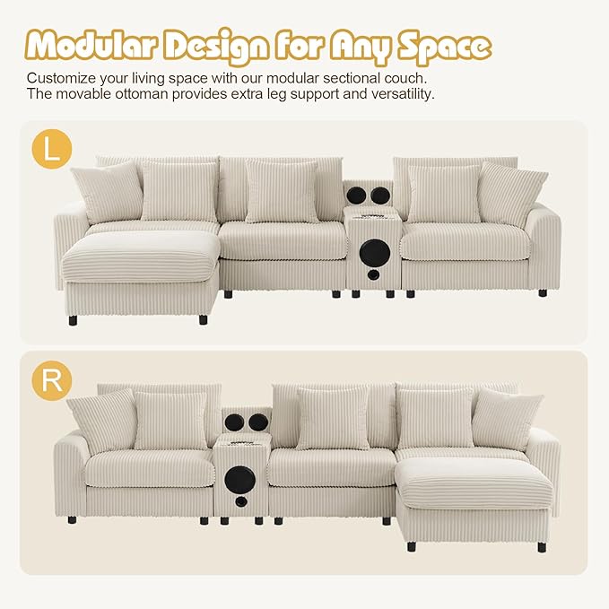 114 Corduroy L-Shaped Sectional Sofa w/Speakers &amp USB Charging Comfy Reclining Deep Seat Couch w/Ottoman Cup Holders for Living Room Home Theater (Beige 114in)