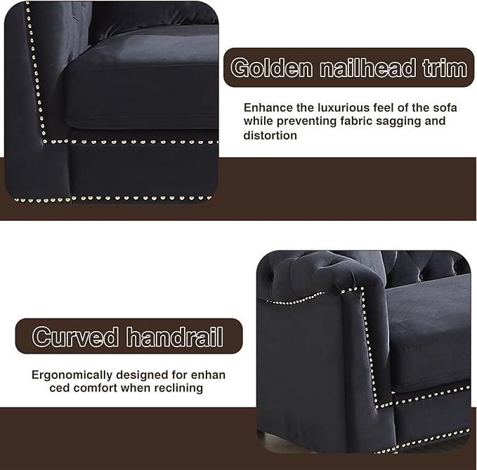 62 inch Chesterfield Loveseat Sofa 2 Seater Mid Century Modern Sofa Couch with Gold Rivet Decoration Cloud Comfy Velvet Upholstered Button-Tufted Couch for Living Room Office Black