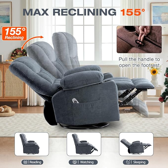 Swivel Recliner Chair for AdultsRocker Recliner with Vibration Massage and Lumbar HeatErgonomic Rocking Chair with Side Pocket2 Cup Holders for Living Room