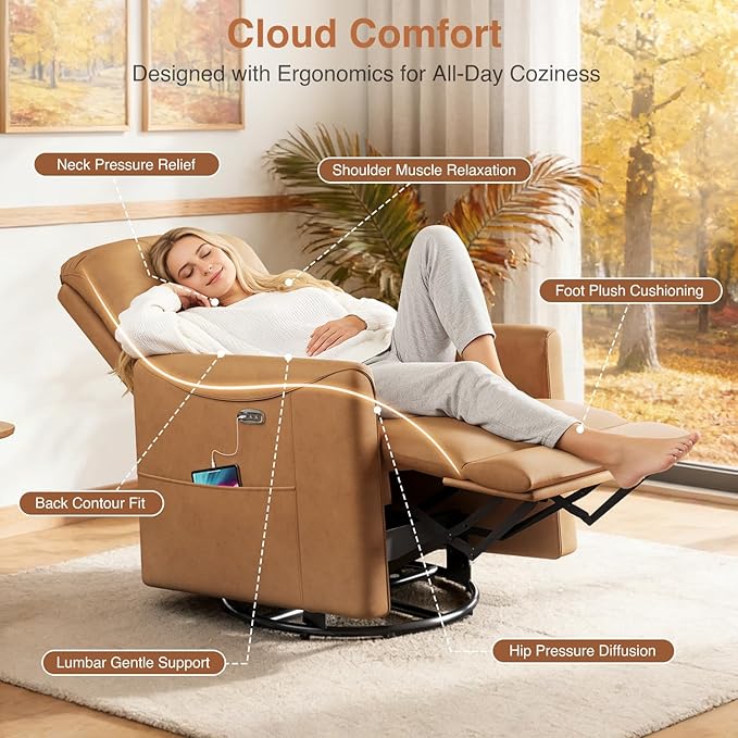 Kidirect Power Swivel Rocker Recliner 360° Swivel Recliner Chairs for Nursery Pu Leather Power Recliner Chair with USB Port and Side Pocket Electric Glider Rocking Chair for Living Room