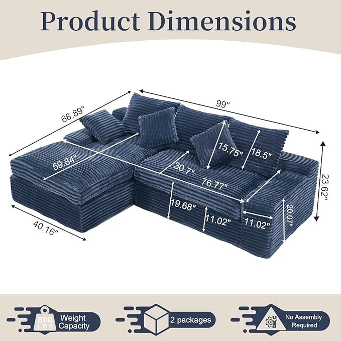 Modern Cloud Sectional Couch with L-Shape Chaise Modular Boneless Sofa with Deep Seat Comfy Plush Upholstered Couches for Living Room Apartment No Assembly Required Corduroy Blue