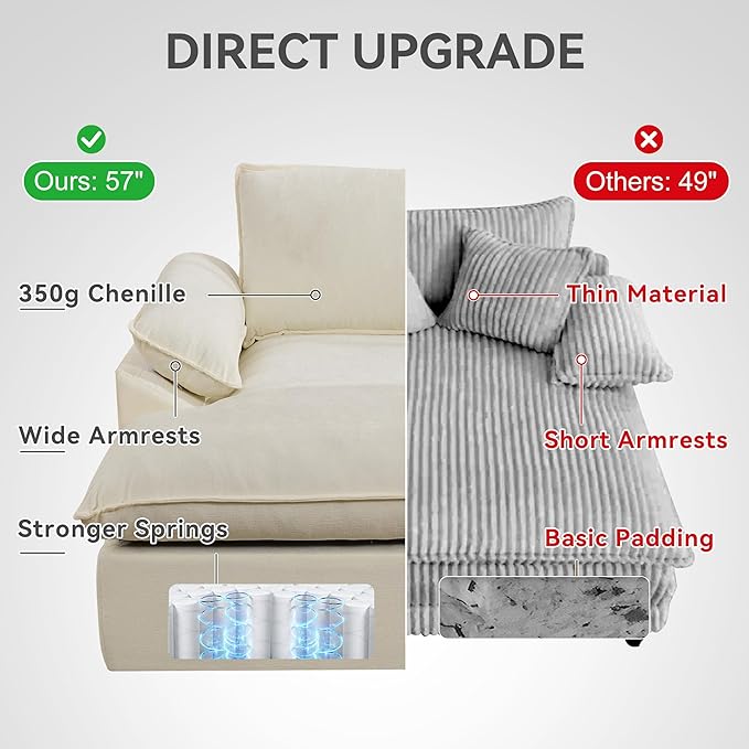 57 Oversized Boneless Chaise Lounge Chair with Ottoman Indoor Comfy Chenille Upholstered Sofa Bed with Armrest No Assembly Deep Seat Sleeper Armchairs Couch for Living Room Bedroom Beige