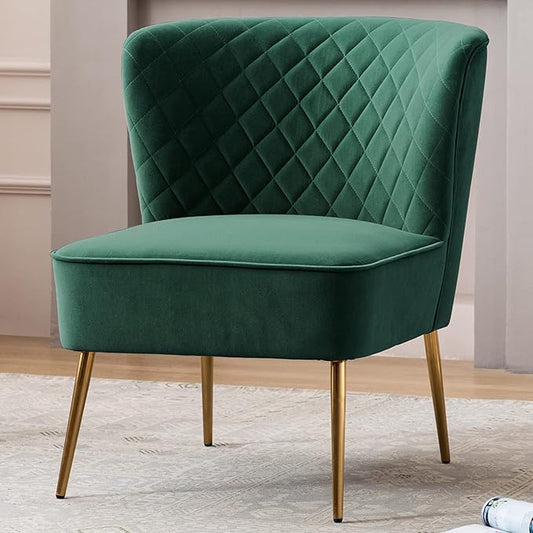 DUHOME Velvet Accent Chair Armless Slipper Chair Vanity Makeup Chair with Back Upholstered Sofa with Golden Legs Barrel Chair for Living Room Bedroom Dark Green