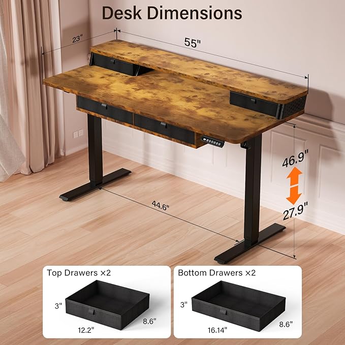 Kingant 55 x 24 Inch Electric Standing Desk with 4 Drawers Height Adjustable Sit to Stand Computer Desk with Storage Shelf and C-Clamp Mount Compatibility for Home Office Rustic Brown
