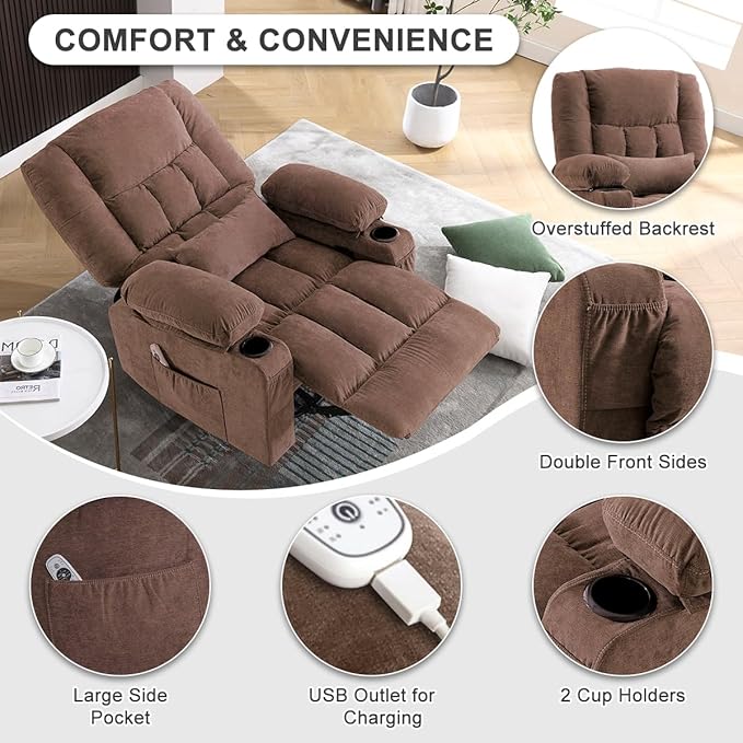 Swivel Rocker Recliner Chair with Vibration Massage and Heating Functions for AdultsOversized Recliner Single Sofa with Side PocketTwo Cup Holders and USB Charge Port for Living Room and Bedroom