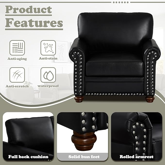 Antetek 2-Piece Comfy Upholstered PU Leather Sofa Couch Set Mid-Century Modern Loveseat Sofa+3 Seater Couch with Storage Space for Living Room Furniture Set Black